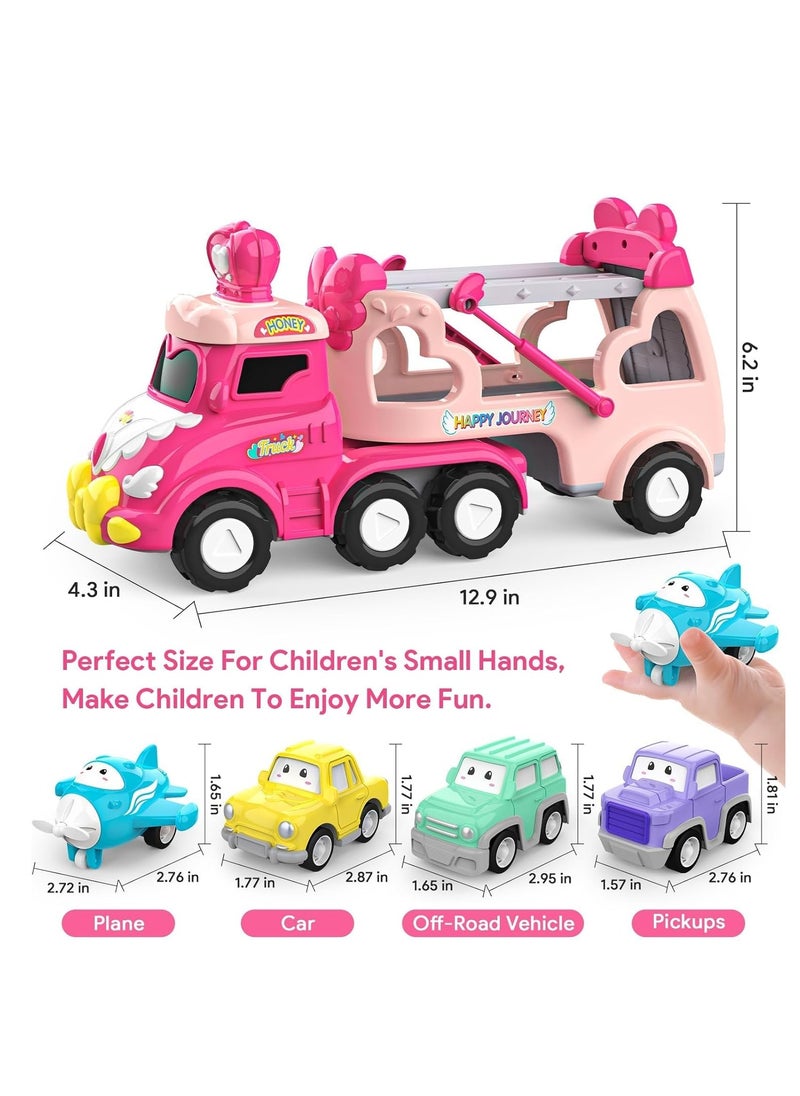 5-in-1 Princess Vehicle Trucks Toys, Cartoon Trailer Car Toy with Sounds & Lights Toys, Transporter Toys Birthday Gift for Kids