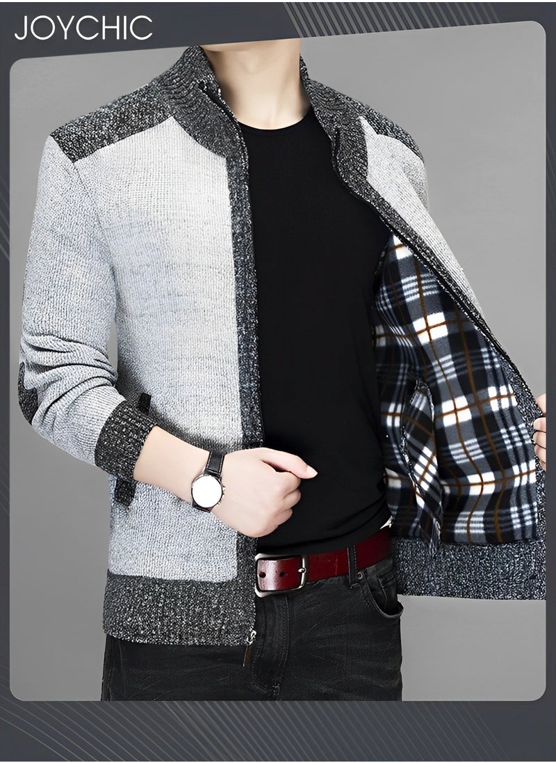 Autumn And Winter Men  Cardigan Coat Warm Sweater Jacket Long Sleeve Block Stand Collar Wool Men Zipper Knitted Thick Coat Light Grey