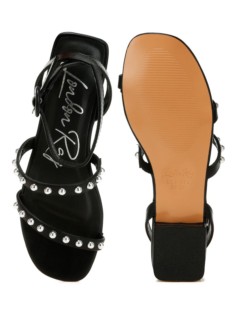 Studded Ankle Strap Flat Sandals in Black