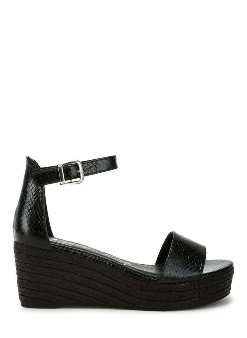 Faux Leather Snake Wedge Espadrilles in Black