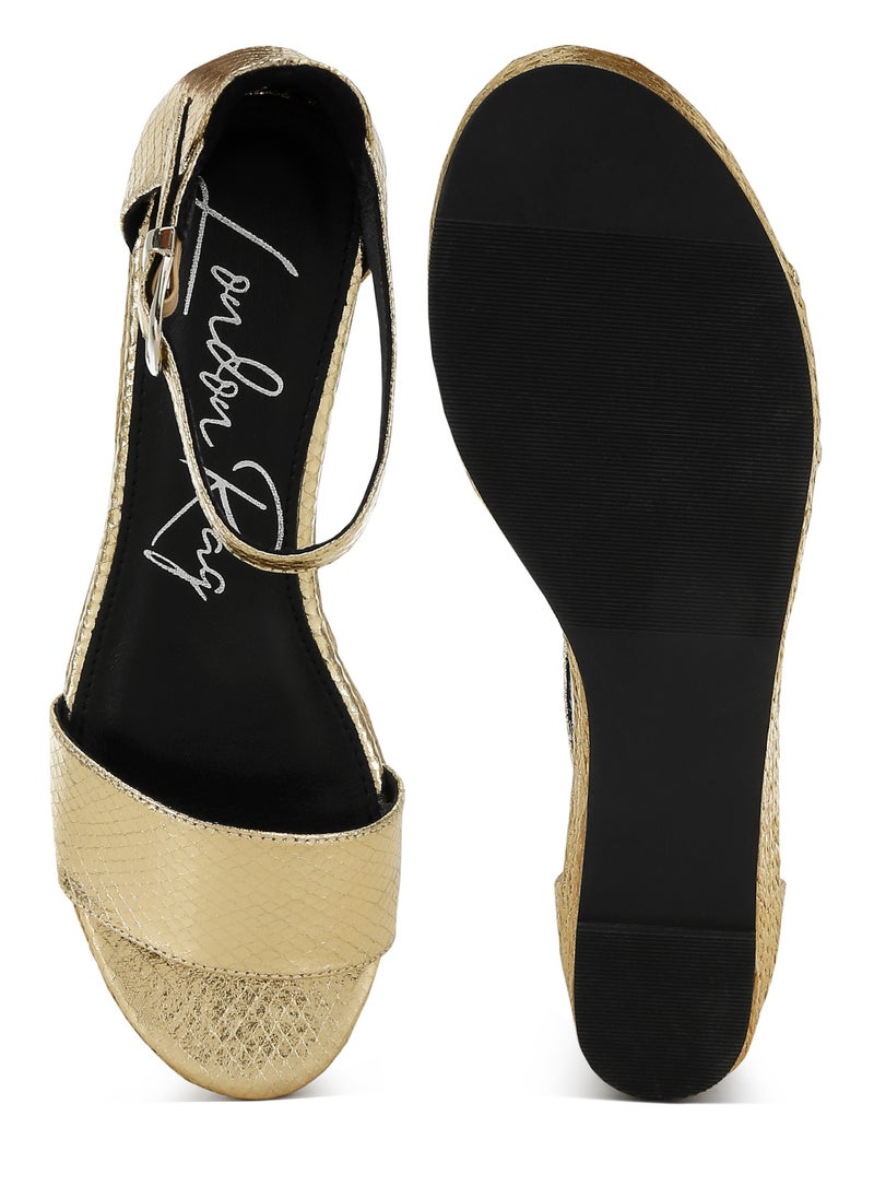 Faux Leather Snake Wedge Espadrilles in Gold