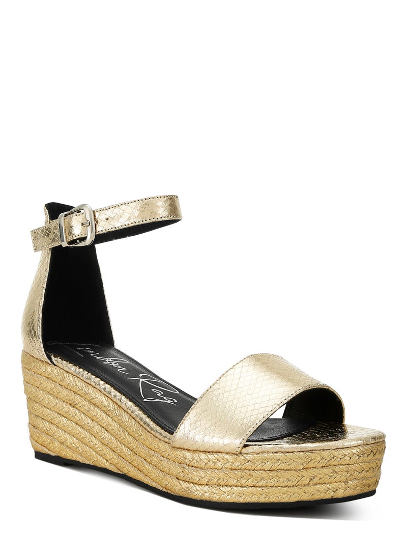 Faux Leather Snake Wedge Espadrilles in Gold