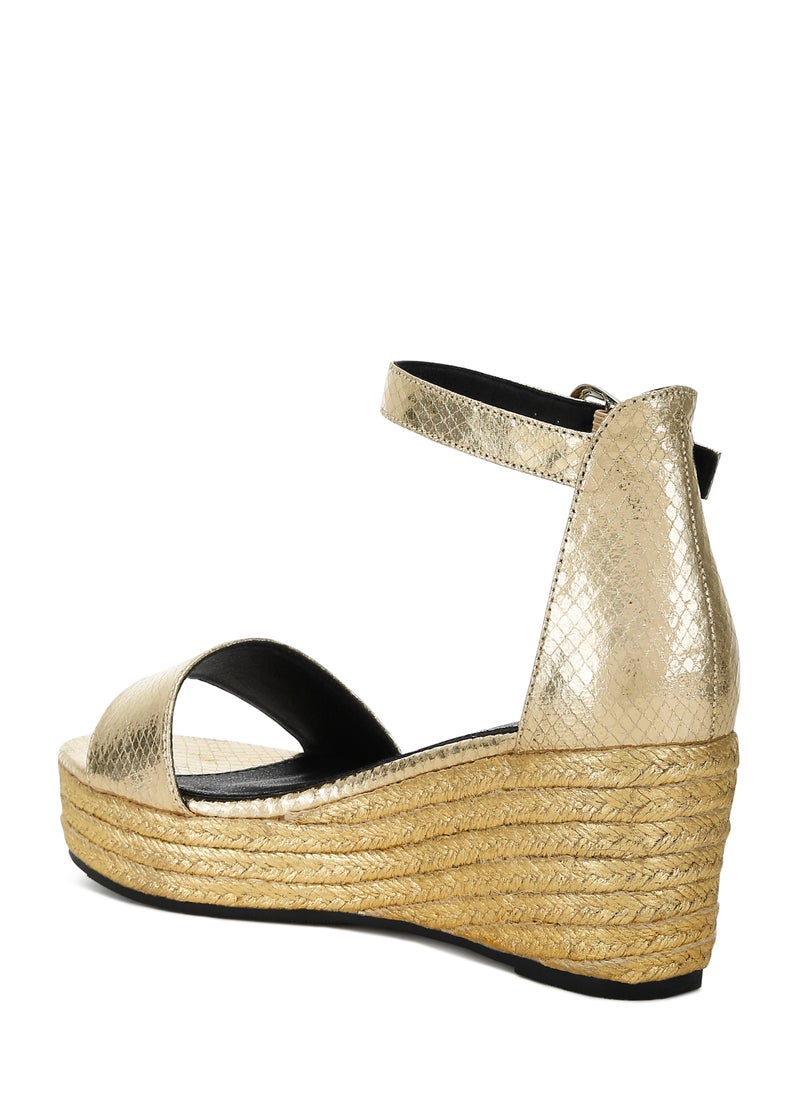 Faux Leather Snake Wedge Espadrilles in Gold