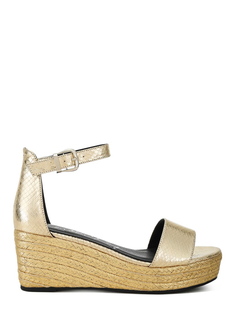 Faux Leather Snake Wedge Espadrilles in Gold