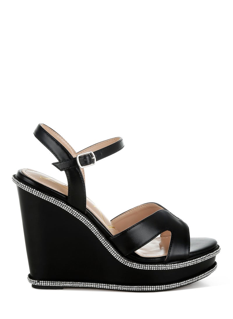 Rhinestones Embellished Wedge Sandals in Black