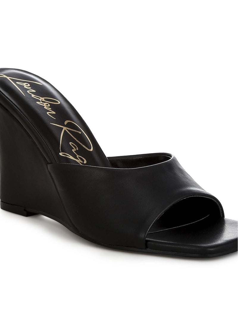 Recycled Faux Leather Wedge Sandals in Black