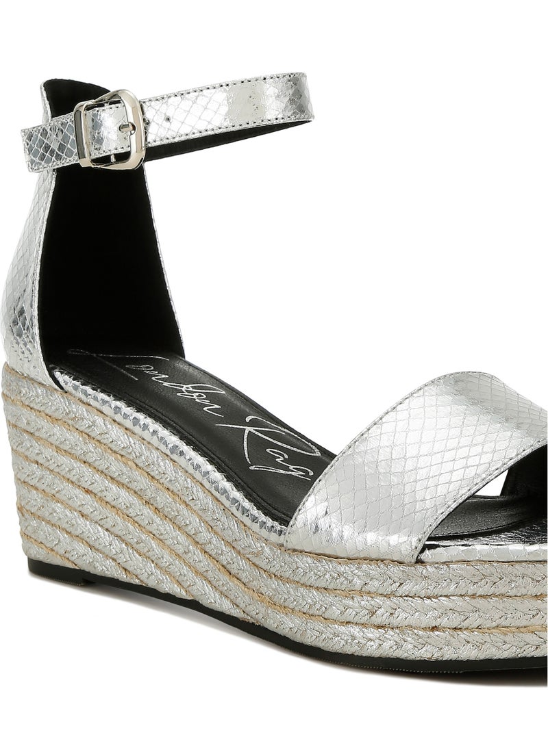 Faux Leather Snake Wedge Espadrilles in Silver