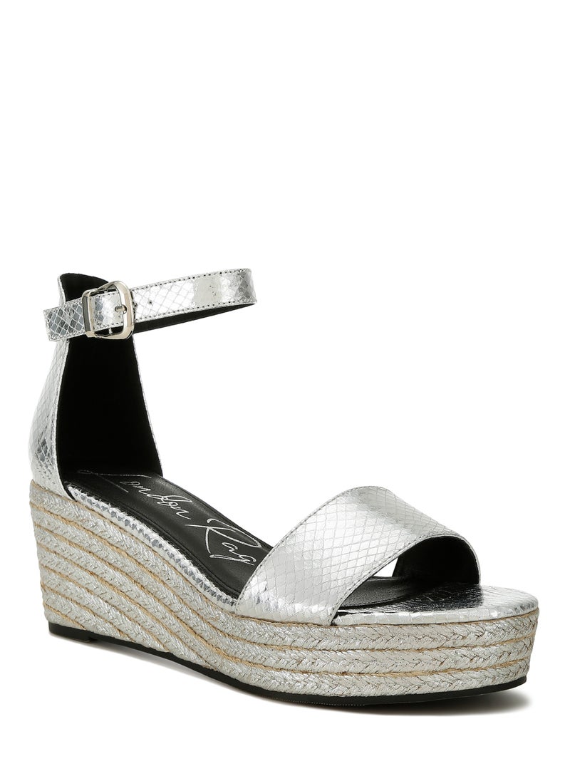 Faux Leather Snake Wedge Espadrilles in Silver