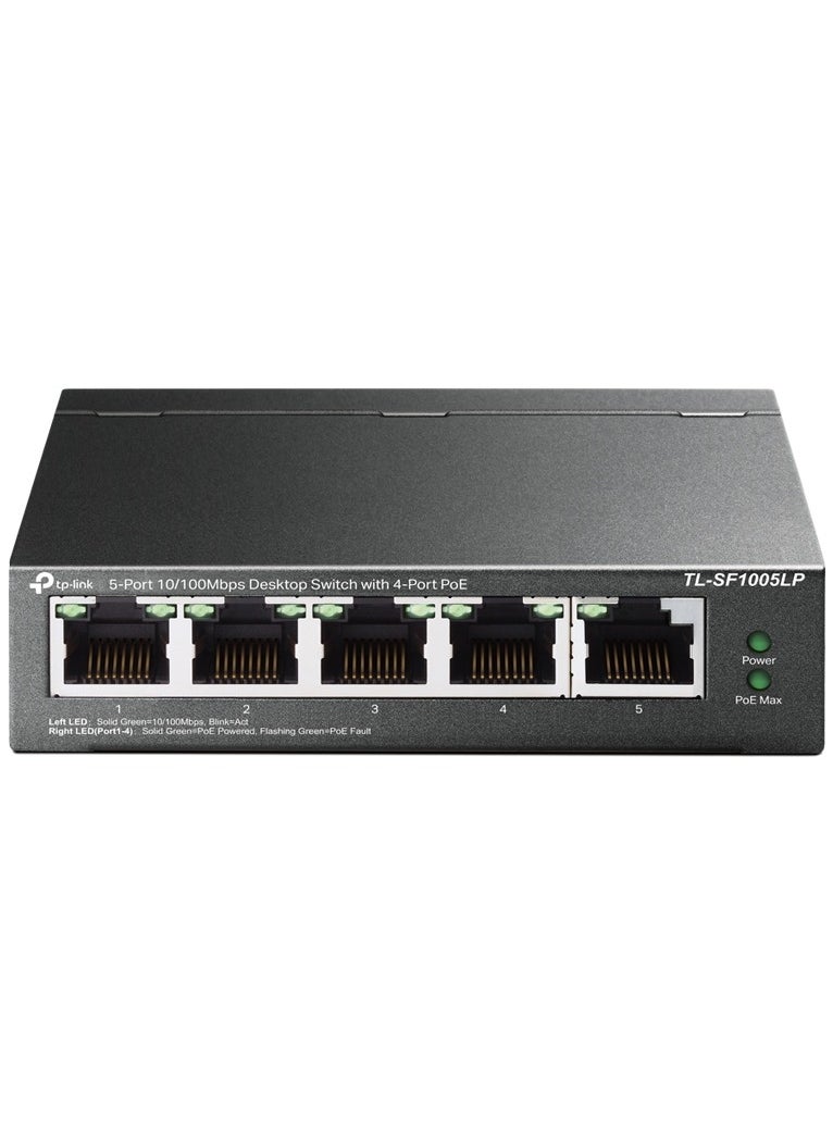 TP Link PoE Switch 5 Port 100 Mbps 4 PoE ports up to 15.4 W for each PoE port and 41 W for all PoE ports Metal Casing Plug and Play Ideal for IP Surveillance and Access Point TL SF1005LP