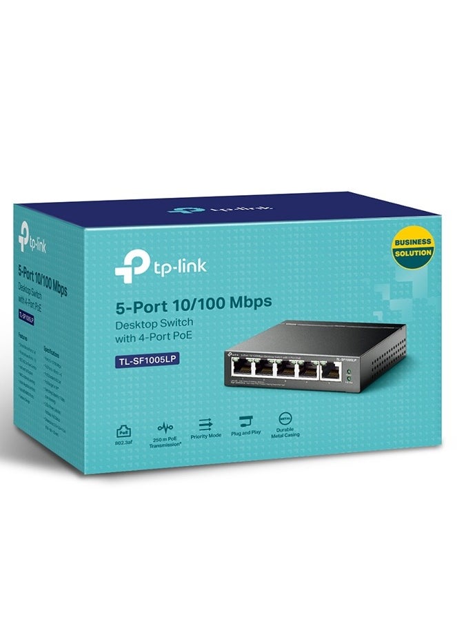 TP Link PoE Switch 5 Port 100 Mbps 4 PoE ports up to 15.4 W for each PoE port and 41 W for all PoE ports Metal Casing Plug and Play Ideal for IP Surveillance and Access Point TL SF1005LP