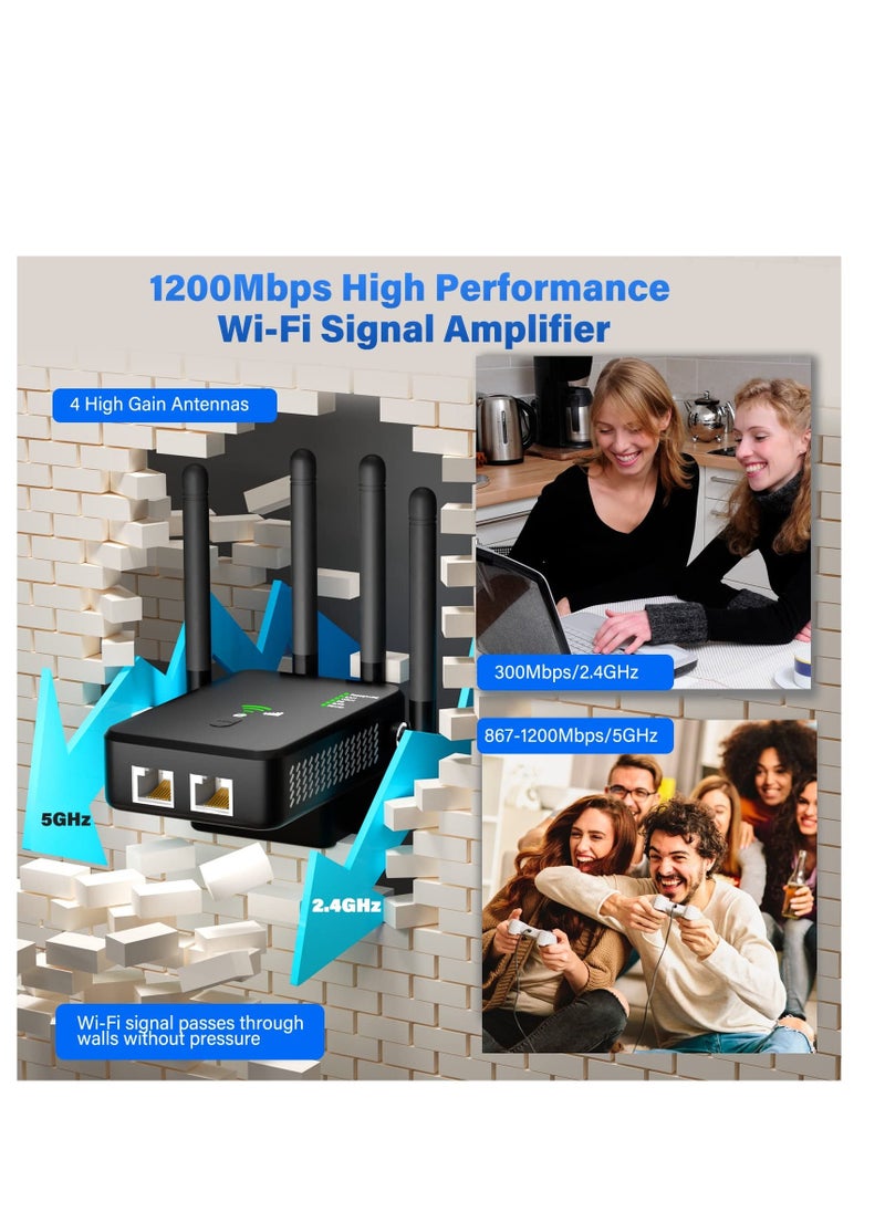 WiFi Extender, 1200Mbps Wi-Fi Signal Booster Amplifier, for Home WiFi 2.4&5GHz Dual Band(9800sq.ft)Wireless Repeater, with Ethernet Port & AP Mode, 4 Antennas 360° Coverage