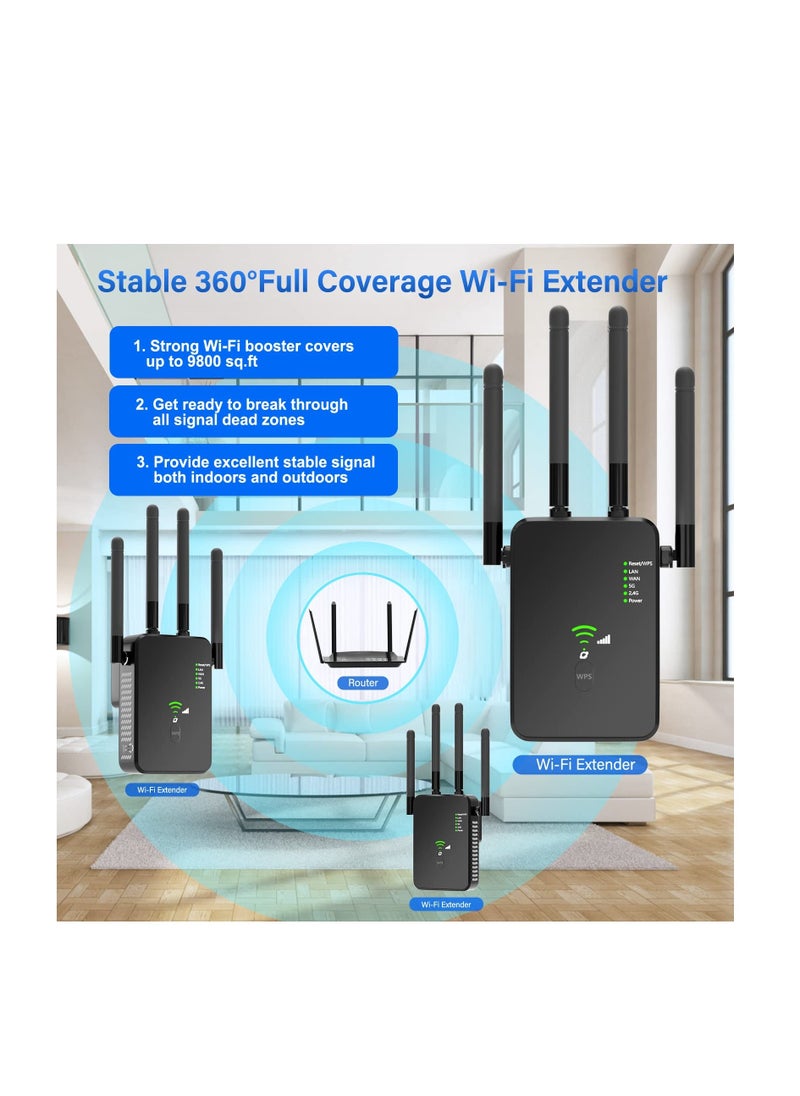 WiFi Extender, 1200Mbps Wi-Fi Signal Booster Amplifier, for Home WiFi 2.4&5GHz Dual Band(9800sq.ft)Wireless Repeater, with Ethernet Port & AP Mode, 4 Antennas 360° Coverage