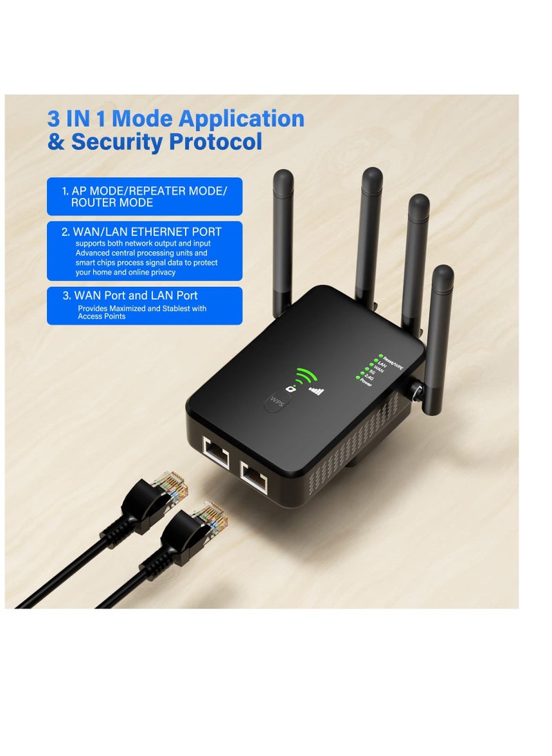 WiFi Extender, 1200Mbps Wi-Fi Signal Booster Amplifier, for Home WiFi 2.4&5GHz Dual Band(9800sq.ft)Wireless Repeater, with Ethernet Port & AP Mode, 4 Antennas 360° Coverage