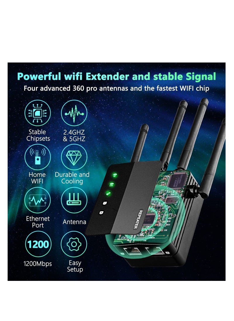 WiFi Extender, Wi-Fi Booster Amplifier, 1200Mbps Wall-Through Strong, Cover up to 12880 sq.ft & 105 Devices, Dual Band 2.4G & 5G, 4 Antennas 360° Full Coverage, with Ethernet Port & AP Mode