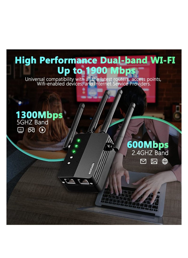 WiFi Extender, Wi-Fi Booster Amplifier, 1200Mbps Wall-Through Strong, Cover up to 12880 sq.ft & 105 Devices, Dual Band 2.4G & 5G, 4 Antennas 360° Full Coverage, with Ethernet Port & AP Mode