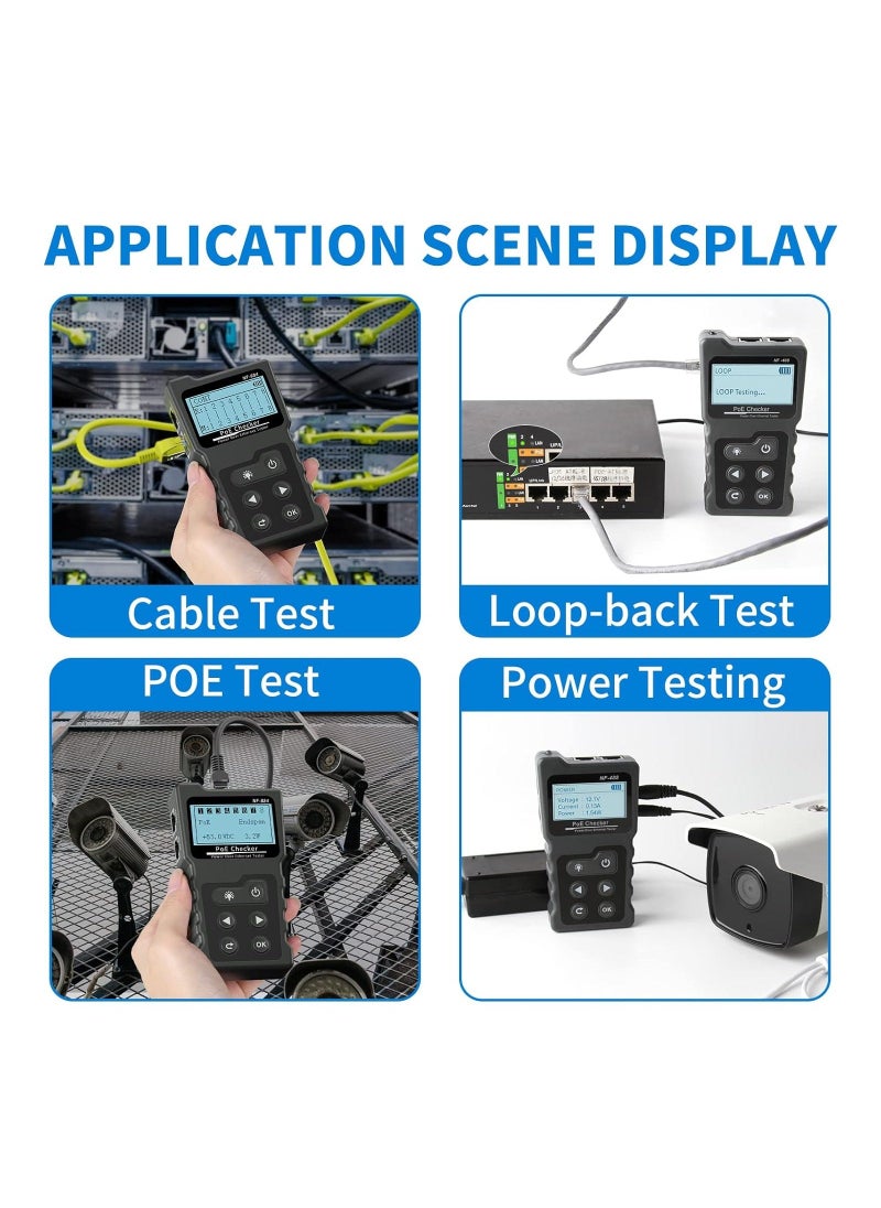 RJ45 Network Cable Tester, Multifunction Poe Ethernet Cable Tester Kit for CAT5e/CAT6/CAT6a, Network Cable Continuity Tester DC Power & Switch Loop-Back Test Poe Checker, Fault Distance Location