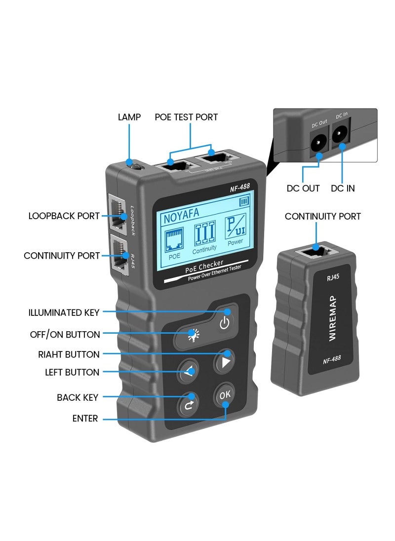 RJ45 Network Cable Tester, Multifunction Poe Ethernet Cable Tester Kit for CAT5e/CAT6/CAT6a, Network Cable Continuity Tester DC Power & Switch Loop-Back Test Poe Checker, Fault Distance Location