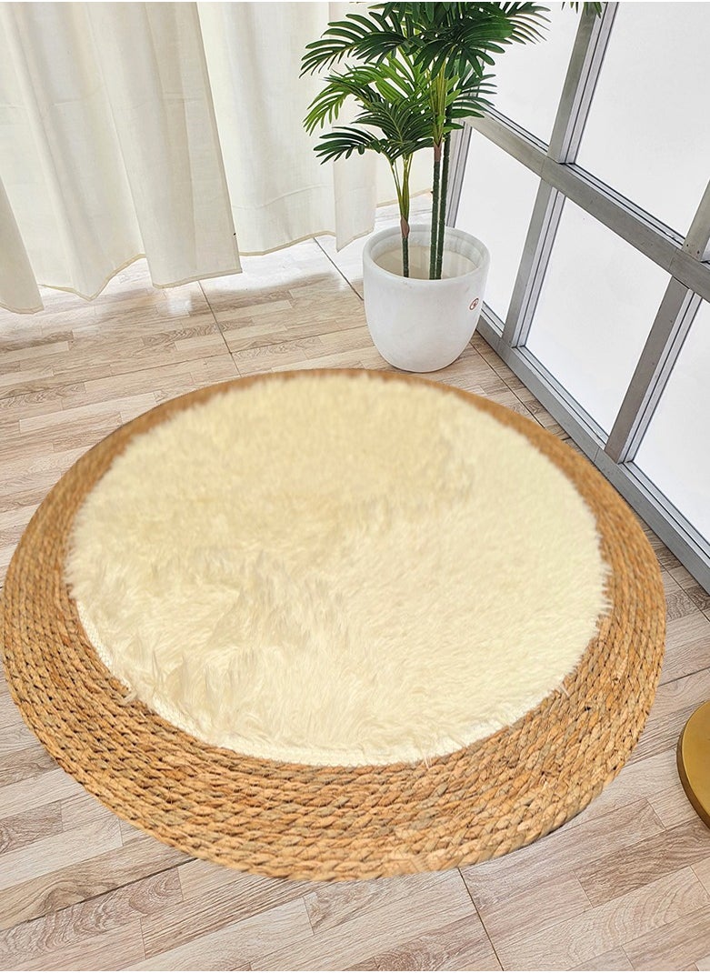 Round Jute & Plush Area Rug | 100 cm Soft Eco-Friendly Natural Fiber Carpet for Living Room & Bedroom - Beige