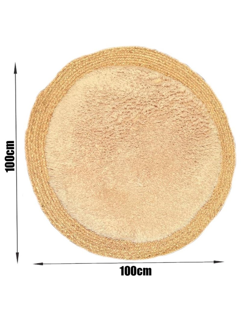 Round Jute & Plush Area Rug | 100 cm Soft Eco-Friendly Natural Fiber Carpet for Living Room & Bedroom - Beige