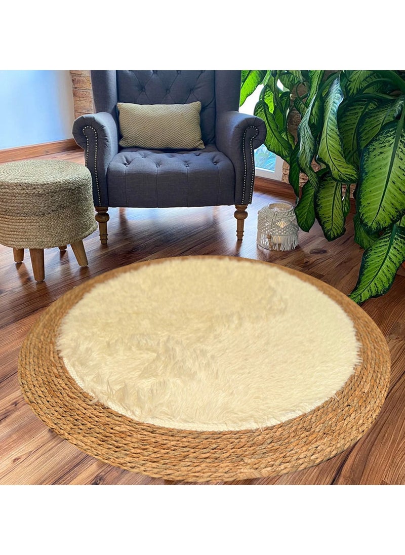 Round Jute & Plush Area Rug | 100 cm Soft Eco-Friendly Natural Fiber Carpet for Living Room & Bedroom - Beige