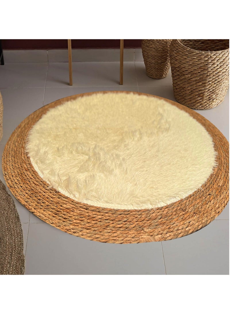 Round Jute & Plush Area Rug | 100 cm Soft Eco-Friendly Natural Fiber Carpet for Living Room & Bedroom - Beige