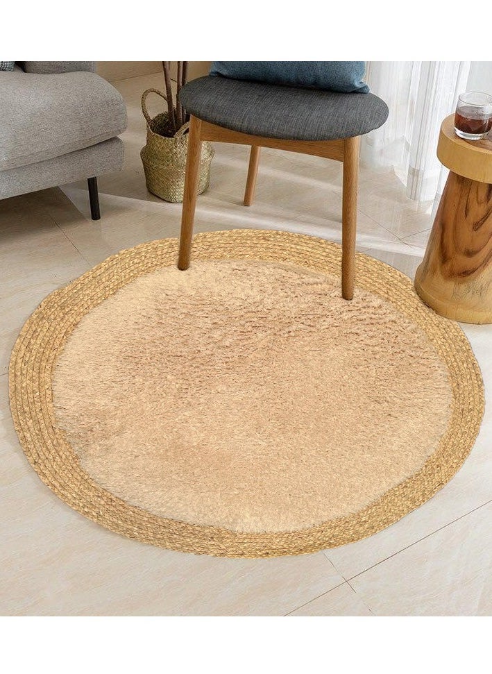 Round Jute & Plush Area Rug | 100 cm Soft Eco-Friendly Natural Fiber Carpet for Living Room & Bedroom - Beige