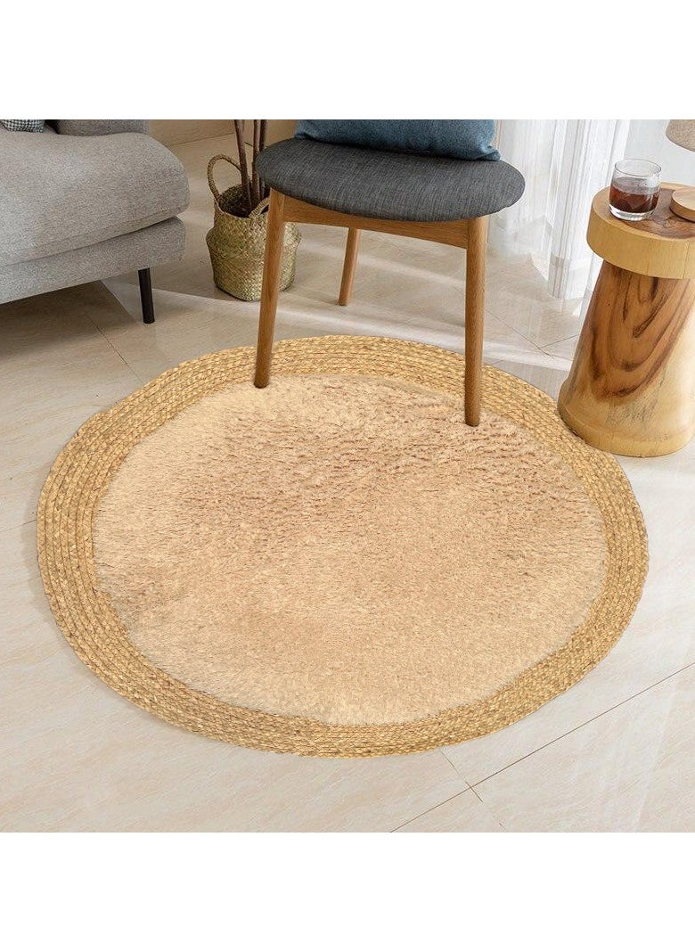 Handmade Natural Jute Rug with Fluffy Wool Surface | Soft Round Area Rug for Living Room & Bedroom | 120 cm Beige