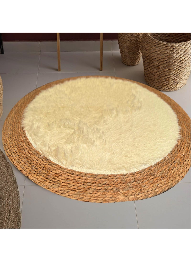 Handmade Natural Jute Rug with Fluffy Wool Surface | Soft Round Area Rug for Living Room & Bedroom | 120 cm Beige