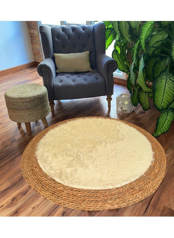 Handmade Natural Jute Rug with Fluffy Wool Surface | Soft Round Area Rug for Living Room & Bedroom | 120 cm Beige