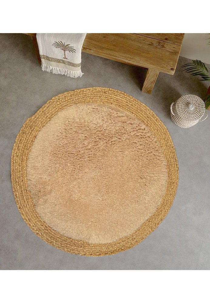 Handmade Natural Jute Rug with Fluffy Wool Surface | Soft Round Area Rug for Living Room & Bedroom | 120 cm Beige