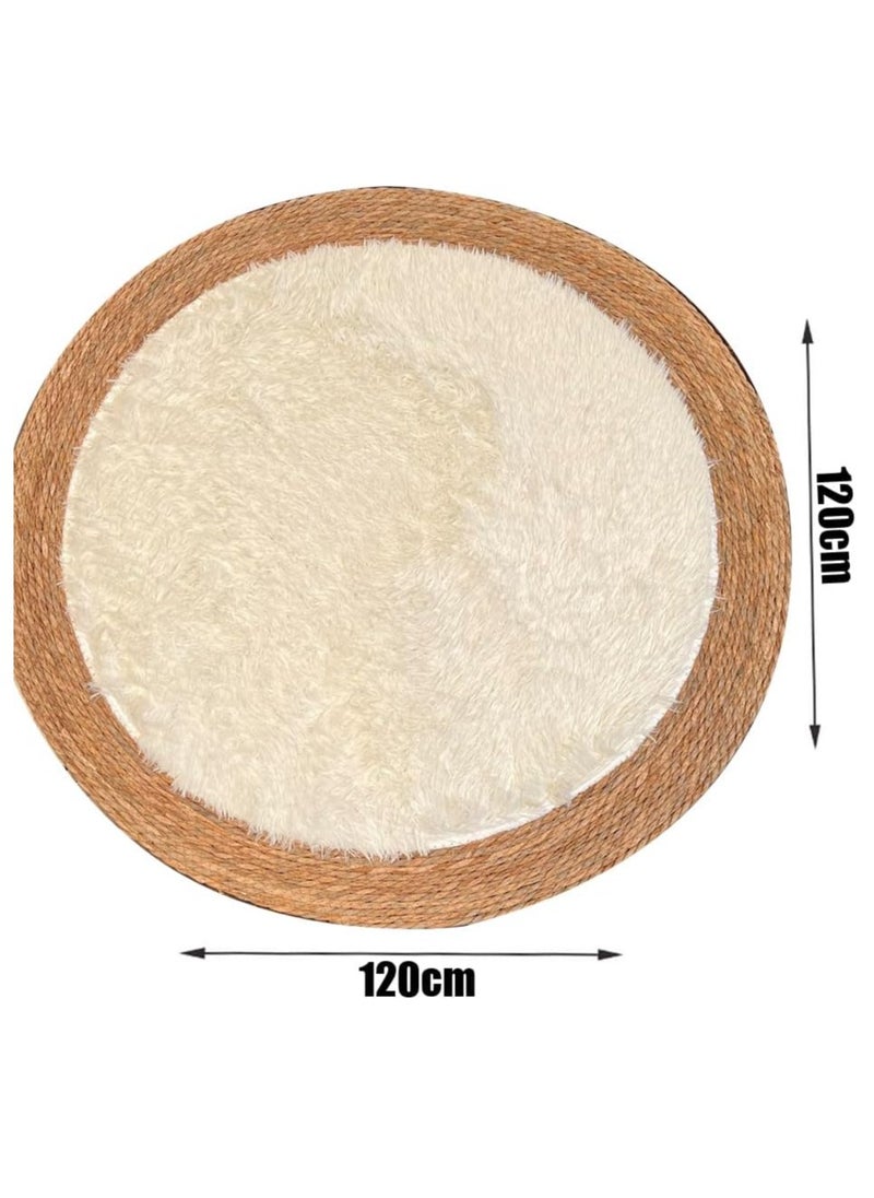 Handmade Natural Jute Rug with Fluffy Wool Surface | Soft Round Area Rug for Living Room & Bedroom | 120 cm Beige