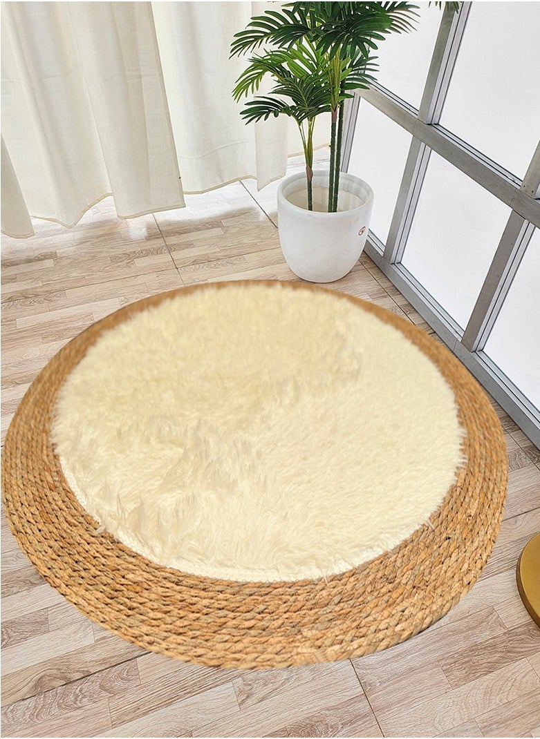 Handmade Natural Jute Rug with Fluffy Wool Surface | Soft Round Area Rug for Living Room & Bedroom | 120 cm Beige