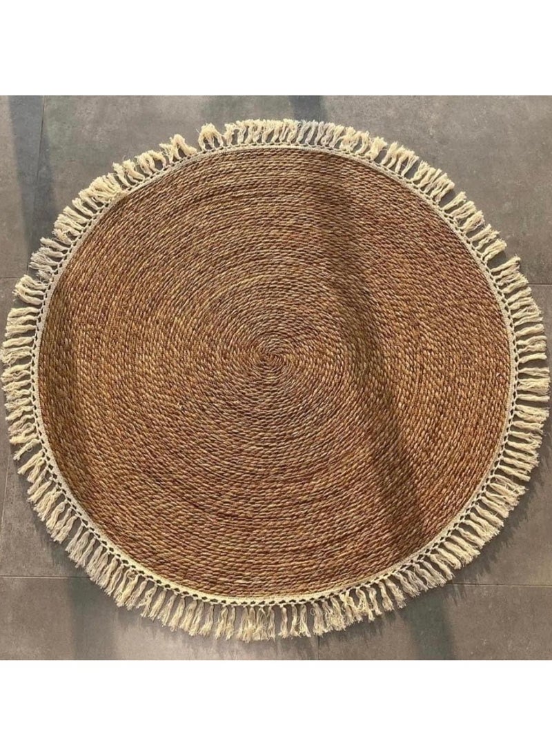 Round Handwoven Jute Braided Area Rug – 80 cm Rustic Vintage Beige Reversible Carpet, Boho Farmhouse Style for Bedroom, Living Room, Kitchen – Natural Jute Decor