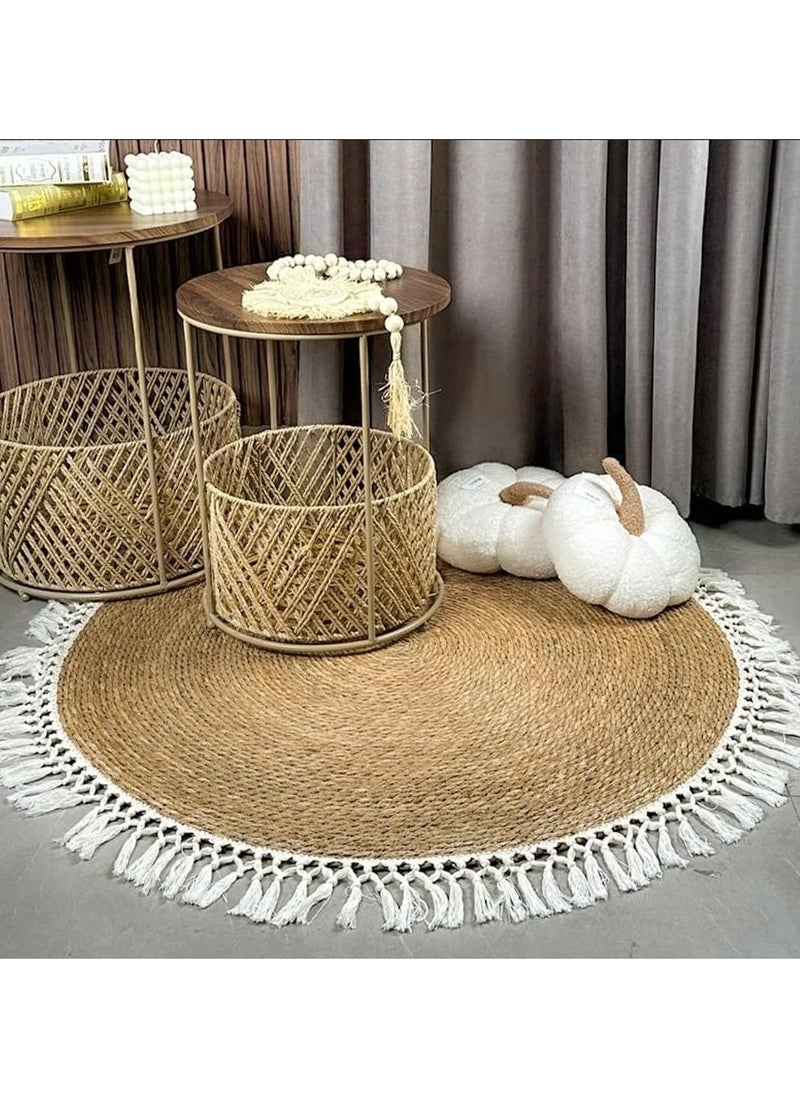 Round Handwoven Jute Braided Area Rug – 80 cm Rustic Vintage Beige Reversible Carpet, Boho Farmhouse Style for Bedroom, Living Room, Kitchen – Natural Jute Decor