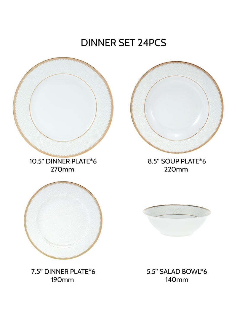 24 Piece Porcelain Dinner Set - Dishes, Plates - Dinner Plate, Side Plate, Bowl - Serves 6 - Festive Design White/Gold Web White/Gold Web