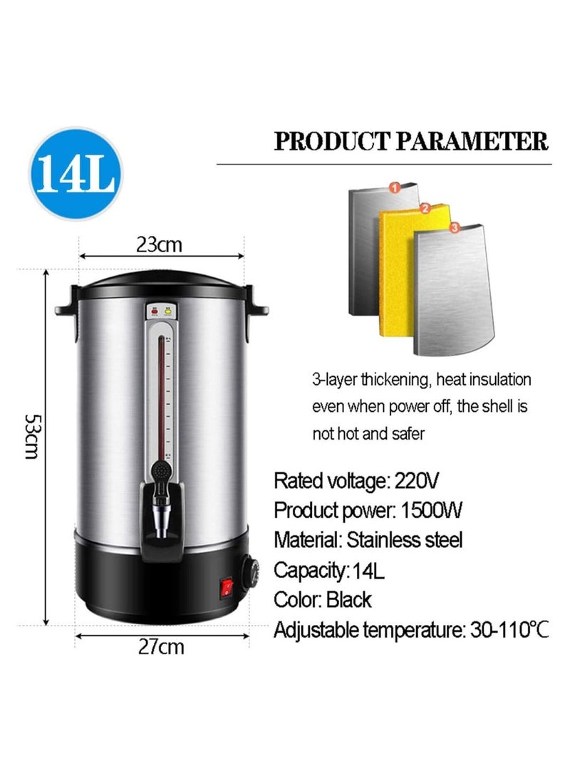 14L Commercial Hot Water Urn Dispenser - Double Wall Stainless Steel Insulated Beverage Pot for Office, Coffee Catering, Parties, and Milk Tea Shops - Ideal for Chocolate and Hot Beverages