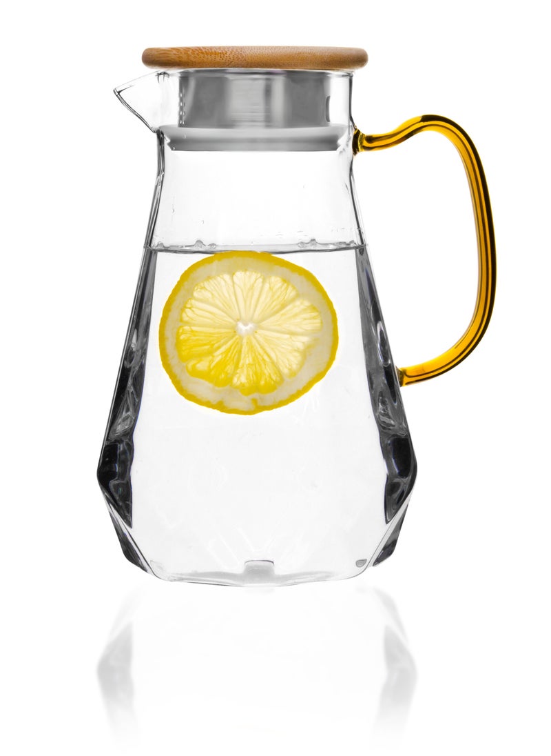 1550ml Diamond Borosilicate Glass Pitcher Water Jug Carafe With Bamboo Lid for Ice tea, Water, Juice, Lemonade and More