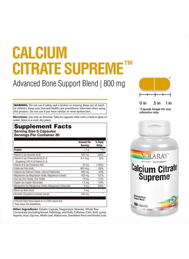 Solaray Calcium Citrate Supreme 800mg Advanced Bone Support Blend | Gentle Digestion Formula | 30 Servings | 180 VegCaps