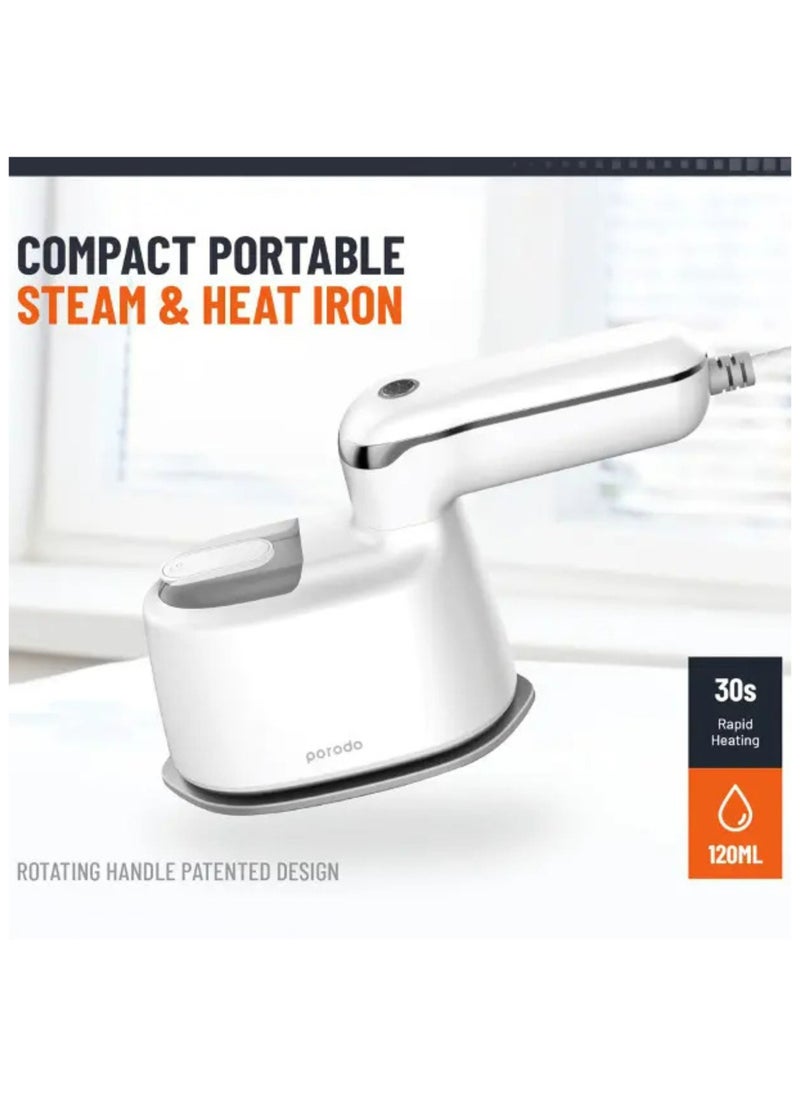 Compact Portable Steam & Heat Iron With Rotating Handle Patented Design with 120ML Water Tank Capacity, Ceramic Soleplate Handheld Steam Flat Iron Dry & Wet, Garment Steamer 1100W - White