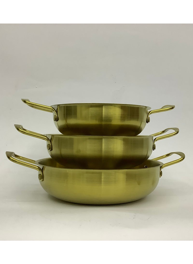 Golden Pan with 2 Side Handle - Kadai (19cm Diam x  6cm Depth, 21cm Diam x  6cm Depth, 23cm Diam x  6cm Depth) - Set of 3 Pieces