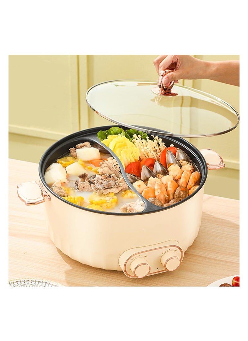 Electric Hot Pot with Double Flavor, 6L Multifunctional Non-Stick Cooking Pot with Steamer, Temperature Control & Two Power Adjustments - Portable Electric Saucepan for Family Meals and Gatherings