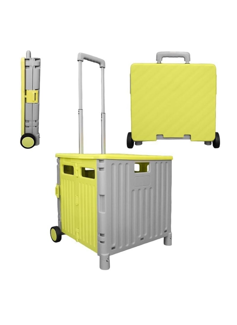 BERRY 50L Foldable Utility Cart - Portable Rolling Crate with Lid, 40KG Collapsible Basket on 2 Wheels | Multipurpose Shopping Trolley for Camping, Moving, and Shopping (Yellow & Grey)