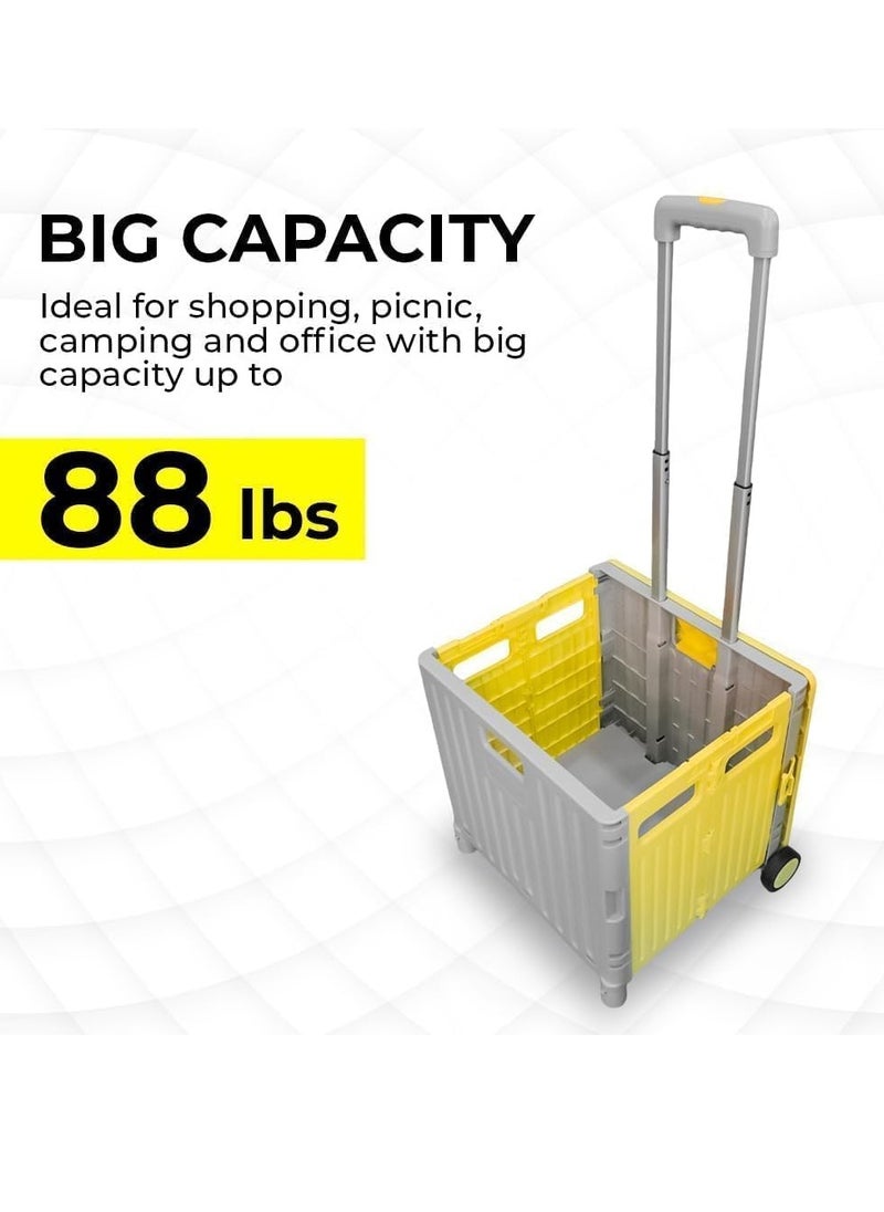 BERRY 50L Foldable Utility Cart - Portable Rolling Crate with Lid, 40KG Collapsible Basket on 2 Wheels | Multipurpose Shopping Trolley for Camping, Moving, and Shopping (Yellow & Grey)