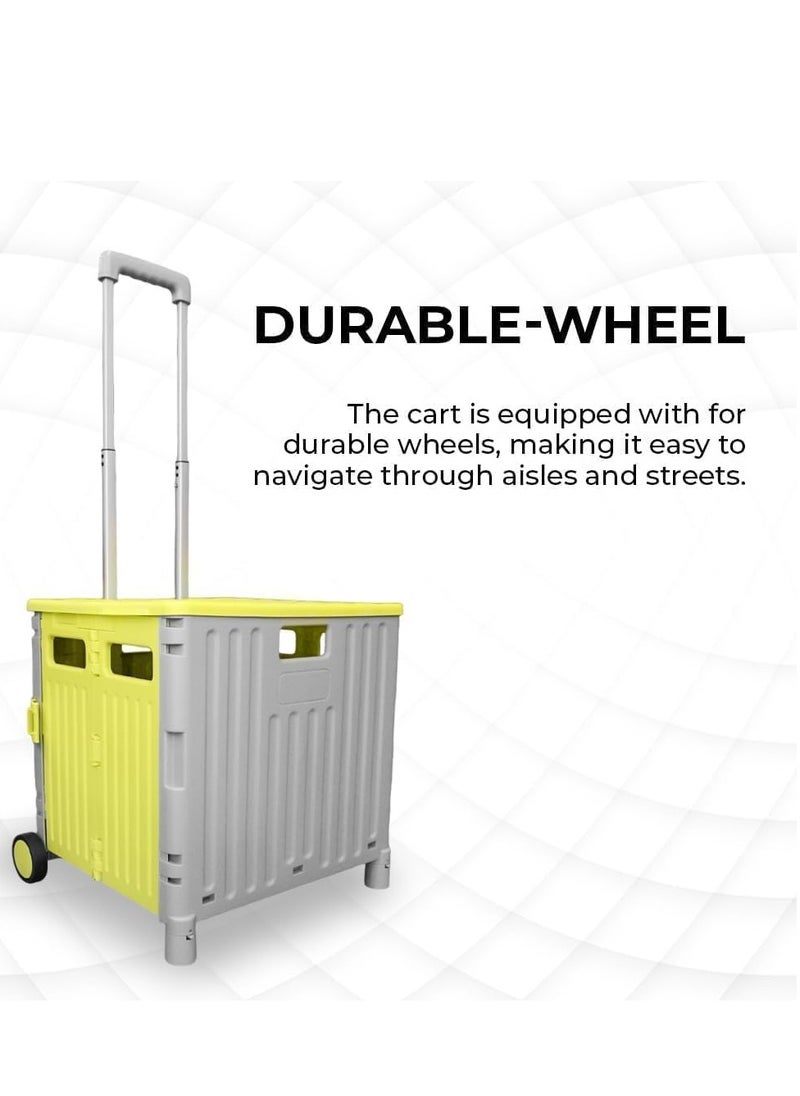 BERRY 50L Foldable Utility Cart - Portable Rolling Crate with Lid, 40KG Collapsible Basket on 2 Wheels | Multipurpose Shopping Trolley for Camping, Moving, and Shopping (Yellow & Grey)