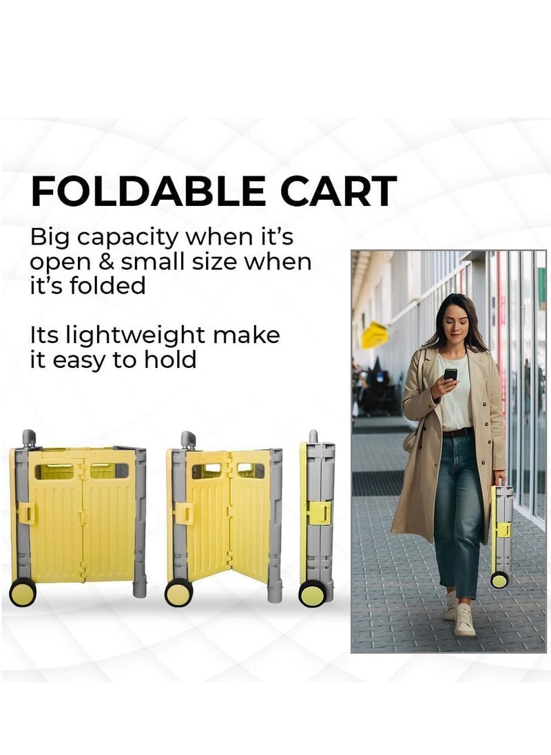 BERRY 50L Foldable Utility Cart - Portable Rolling Crate with Lid, 40KG Collapsible Basket on 2 Wheels | Multipurpose Shopping Trolley for Camping, Moving, and Shopping (Yellow & Grey)