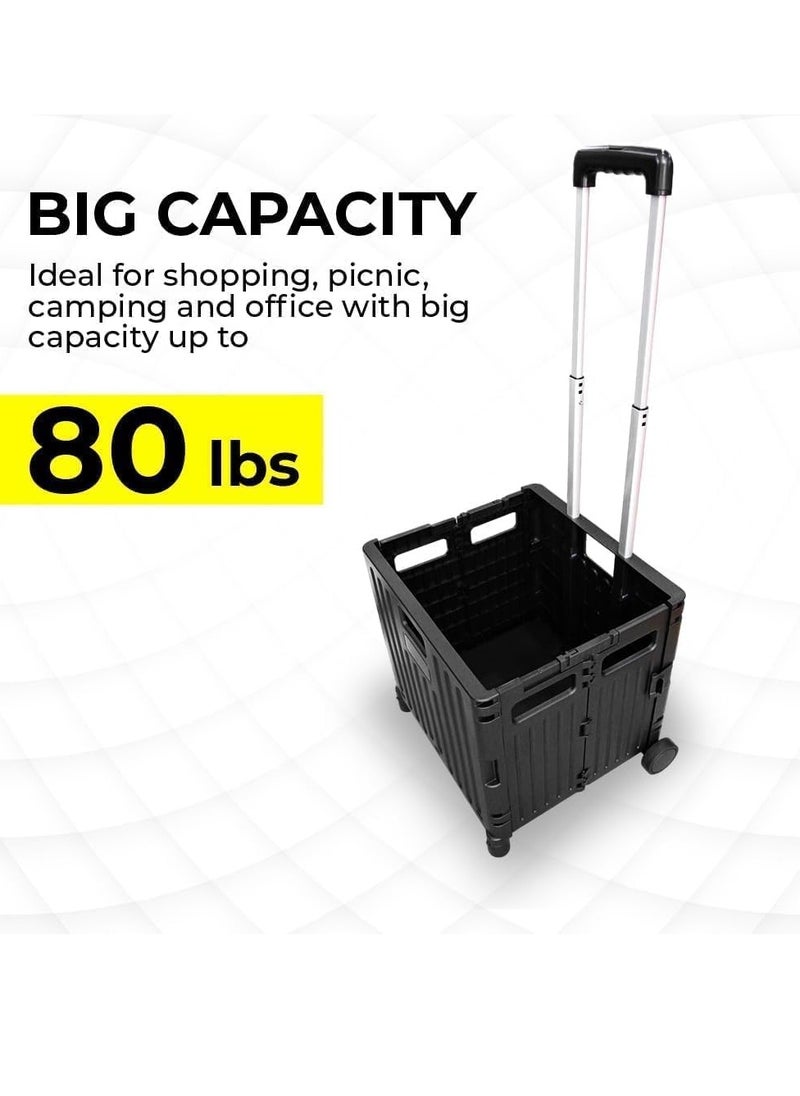 BERRY 50L Foldable Utility Cart - Portable Rolling Crate with Lid, 40KG Collapsible Basket on 2 Wheels | Multipurpose Shopping Trolley for Camping, Moving, and Shopping (Black)