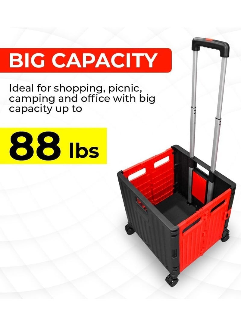 BERRY 50L Foldable Utility Cart - Portable Rolling Crate with Lid, 40KG Collapsible Basket and Detachable 4 Wheels | Multipurpose Shopping Trolley for Camping, Moving, and Shopping (Red & Black)