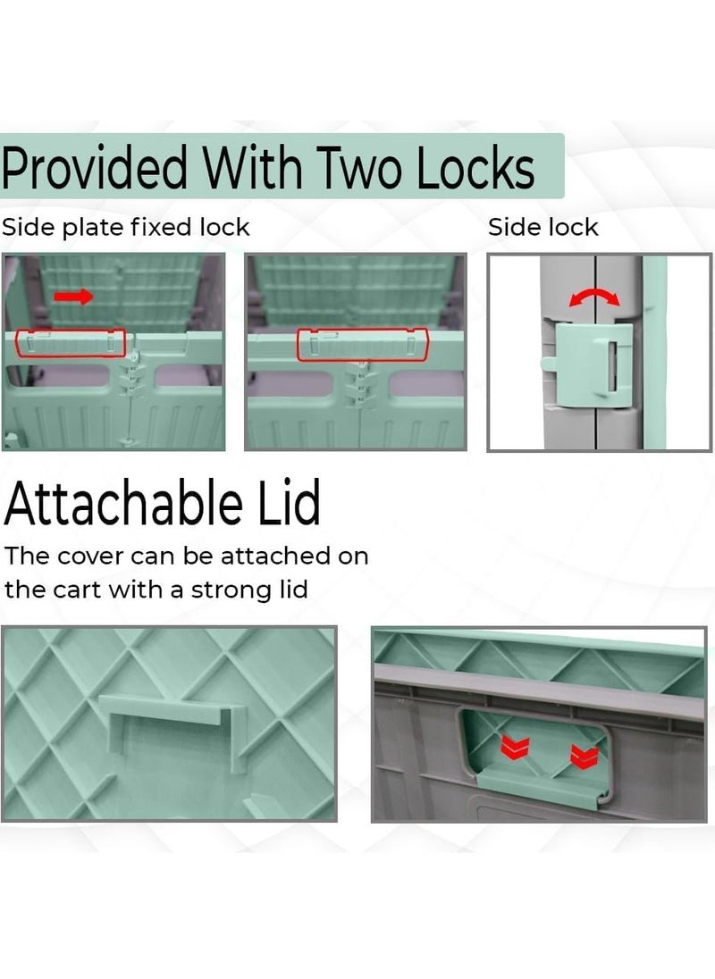BERRY 50L Foldable Utility Cart - Portable Rolling Crate with Lid, 40KG Collapsible Basket and Detachable 4 Wheels | Multipurpose Shopping Trolley for Camping, Moving, and Shopping (Mint Green & Grey)