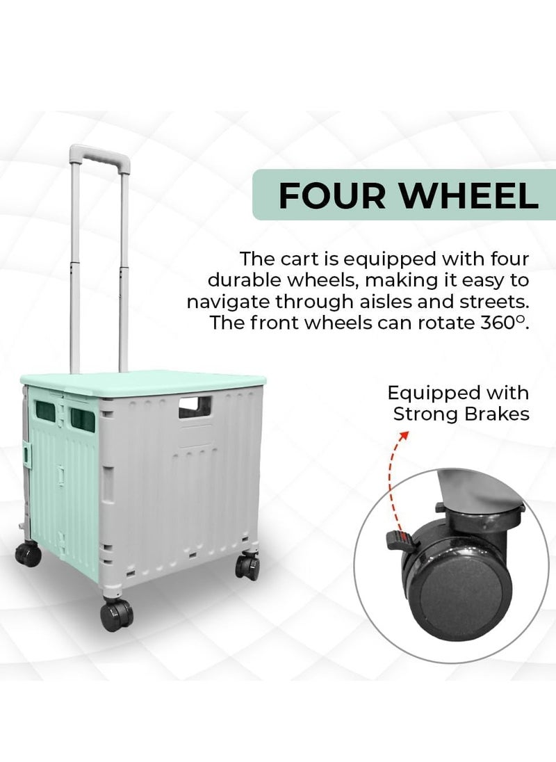 BERRY 50L Foldable Utility Cart - Portable Rolling Crate with Lid, 40KG Collapsible Basket and Detachable 4 Wheels | Multipurpose Shopping Trolley for Camping, Moving, and Shopping (Mint Green & Grey)