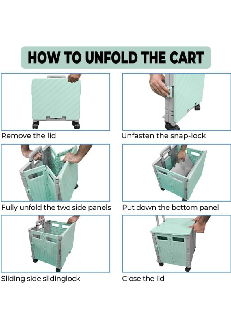 BERRY 50L Foldable Utility Cart - Portable Rolling Crate with Lid, 40KG Collapsible Basket and Detachable 4 Wheels | Multipurpose Shopping Trolley for Camping, Moving, and Shopping (Mint Green & Grey)